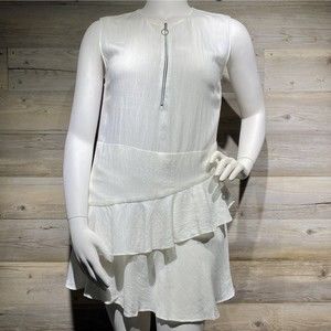 BURU White Sleeveless Mini Dress Size Large Gauzy Zip Front Tiered Ruffles